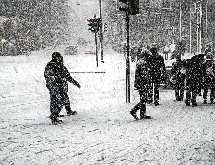 walking through snowy sidewalk without ice melting pellets